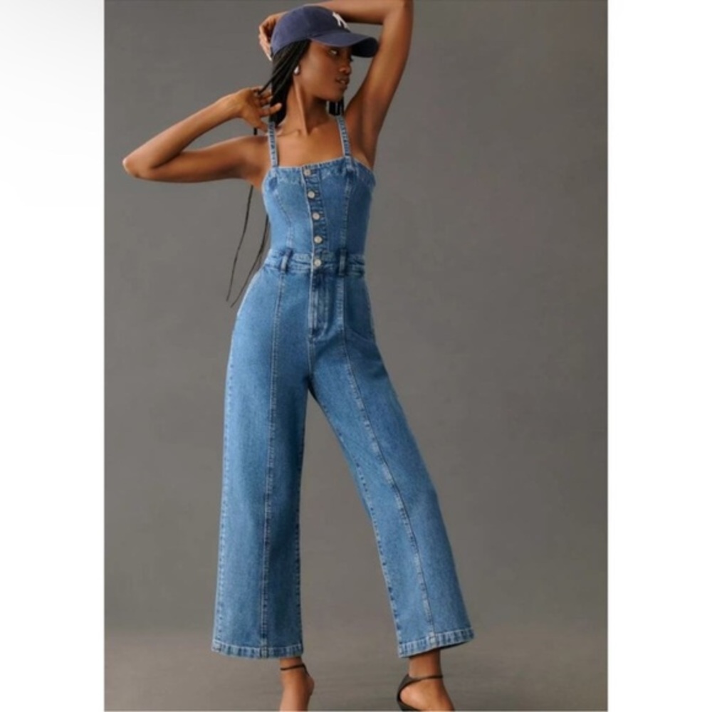 PAIGE ANIESSA Jumpsuit with Front Seams Denim Overalls Jeans Blue